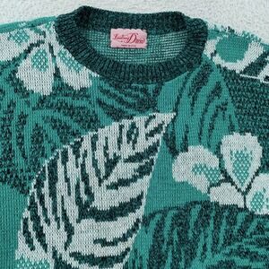 Lindsay Drew Sweater Womens CROP FIT L Teal Crewneck Tropical Floral Made in USA